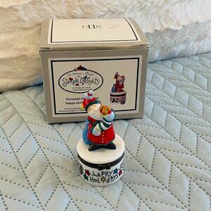 Vintage Happy Holidays Santa Porcelain Tiny Hinged Christmas Treasure Box